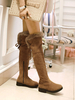 Cuissardes Bottes Plates Femmes Hivers à Cuir Synthétqiue en Croûte Cousu avec Fausse Fourrure Unicolore Bimatières à Lacets