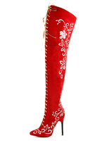 Cuissardes chic à talons aigus en micro daim rouge brodé avec laçage devant