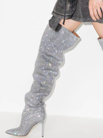 Cuissardes femme argentées avec strass cuissardes à bout pointu bottes de fête