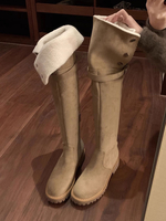 Cuissardes Femme Bottes Hautes Hiver Courtes En Peluche À Bout Rond En Daim Kaki