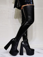 Cuissardes femme noir talon épais plateforme en PU à zip Chaussures d\\