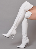 Cuissardes Femme Talon Haut Bottes Au-dessus de Genou Blanc Bout Pointu à Zip