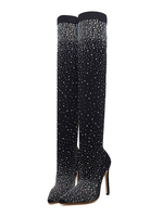 Cuissardes Femmes haut talon noir bout pointu strass 2021 Bottes