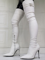 Cuissardes Femmes Hiver Plates Elastique à Cuir Synthétique avec Bout Pointu Unicolore Sexy Blanc Décors avec Boucles