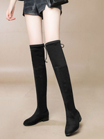 Cuissardes Femmes Hiver Plates Elastique à Cuir Synthétique en Croûte avec Bout Rond à Lacets Unicolore Sexy