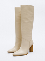 Cuissardes hautes à talons épais pour femmes Bottes à talons hauts à bout pointu écru et blanc