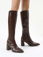Cuissardes Marron à Talons Mi-hauts Femme à cuir Synthétique avec Imprimé animalier avec Bout Pointu Cuissardes Bottes Femme