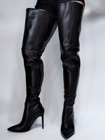 Cuissardes Noir Vernies à Talons Hauts Femme avec Bout Pointu à Cuir Synthétique Unicolore Sexy Cuissardes Bottes Femme