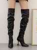 Cuissardes noires en cuir Synthétique bout pointu talon haut bottes souples cuissardes