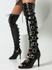 Cuissardes noires sexy avec boucle à bout ouvert et talons hauts à lacets au-dessus du genou