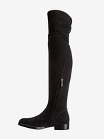 Cuissardes plates en daim noir à hauteur du genou bout rond détail boucle bottes zippées