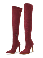 Cuissardes pour femmes; talon aiguille; bout pointu; bottes au genou en micro daim bordeaux supérieur