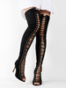 Cuissardes Sexy à Talons Hautes Fins Femmes Hivers à Lacets à Cuir Synthétique en Crôute avec Bout Ouvert Unicolore