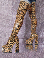 Cuissardes sexy plateforme léopard talon haut sur les bottes au genou