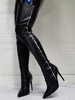 Cuissareds à Talons Hautes Fins Femmes à Cuir Synthétique Vernis à Zip à Bout Pointu avec Rayure Bottes Cuissardes Femmes Hiver