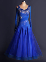 Danse de salon Organza robe bleu Royal Scoop cou Long Sleee Bodycon découper de Costume de danse de salon Swing Pleatred Flare Déguisements Halloween