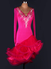 Danse latine Costume Organza Rose rouge manches longues strass bas volants retour irréguliers Hem robe de danse latine Déguisements Halloween