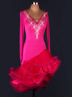Danse latine Costume Organza Rose rouge manches longues strass bas volants retour irréguliers Hem robe de danse latine Déguisements Halloween