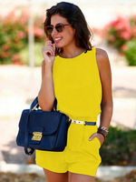 Deep Bleu Romper 2021 Sans Manches Arrièreless Ceinture Cotton Combishort Femmes