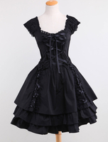 Dentelle de coton noir Lolita Robe OP 3 Lyers Hem Déguisements Halloween