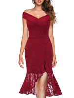Dentelle Robes Bourgogne Bateau manches courtes col asymétrique en dentelle rétro Robes