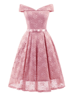 Dentelle Vintage Dress Off The épaule à manches courtes rétro Midi Dress