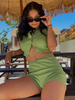 Deux Pièce Maillot de Bain Femme Ete Sexy Taille Haute avec Bretelles à Col Rond Jupe Courte en Plis Coupe Cintrée à Lacets Unicolore Push Up Sexy