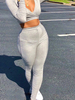 Deux pièces ensembles gris clair polyester plissé pantalon décontracté printemps manches longues col en V tenue extensible pour les femmes
