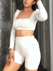 Deux pièces ensembles haut plissé en coton polyester abricot à col carré avec pantalon femme tenue