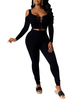 Deux pièces ensembles noir Polyester U cou plissé manches longues épaule ouverte à lacets Sexy Blouse pantalon moulant tenue pour les femmes