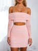 Deux Pièces Ensembles Rose Polyester Plissé Automne Manches Longues Col Bateau Sans Bretelles Top Stretch Sexy Jupe Moulante Femmes Outfit