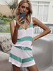 Deux pièces ensembles vert acrylique rayures gilet décontracté été sans manches bijou cou tenue pour les femmes
