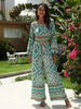 Deux pièces ensembles vert Polyester imprimé floral bohème printemps manches longues bijou cou robe bohème femmes tenue