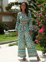 Deux pièces ensembles vert Polyester imprimé floral bohème printemps manches longues bijou cou robe bohème femmes tenue