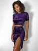 Deux pièces ensembles violet polyester fendu devant été manches courtes col bijou haut décontracté jupe extensible tenue dété