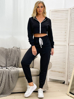 Deux Pièces Femme Taille Haute à Capuche avec Manches Longues à Zip Pantalons Longs