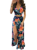 Deux Pièces Imprimé Fleurie Femme Sexy Eté Taille Haute à Col Décolleté en V avec Manches Jupe Longue avec Fente Bicolores