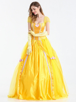 Déguisement Carnaval -La Belle Et La Bête Robe Jaune Scoop Princesse Robe Cosplay Costume avec des Gants Déguisements Halloween