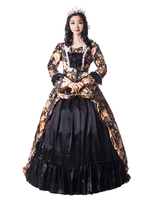 Déguisement Robe De Soirée Médiéval Princesse Robe Noire Rétro Costumes Femmes Fleur Imprimée Matte Satin Robe Époque Victorienne Style Vintage Vêtements Déguisements Halloween Carnaval