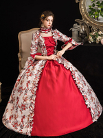 Déguisement Robe de Soirée Médiéval Rouge Rétro Costumes À Volants Arc Floral Imprimer Robe Marie-Antoinette Costume Femmes Mascarade Robe De Bal Halloween