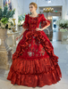 Déguisements Halloween Costumes rétro Baroque décolleté carrée rouge imprimée évasée Half Sleeve couches robe robe de bal Déguisements Halloween