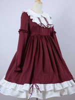Douce Lolita OP Robe à Volants Bordeaux Manches longues Lolita Robes une pièce Déguisements Halloween