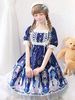 Douce Lolita OP Robe Lacet Blue Manches courtes Lolita Robes une pièce Déguisements Halloween