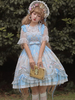 Douce Lolita OP Robe Neverland Imprimé Floral Bleu Ciel Clair Volants Robes Lolita Une Pièce