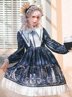 Douce Lolita OP Robe Neverland Imprimé Floral Bleu Profond Volants Robes Lolita Une Pièce