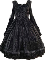 Douce Lolita OP Robe Noir à Volants Avec Noeud Lolita Robes une pièce Déguisements Halloween