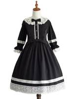 Douce Lolita OP Robe Noir Manche Mi-Longue à Volants Lolita Robes une pièce Déguisements Halloween