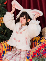 Doux Lolita Cover Ups Blanc Neverland Applique À Manches Longues Cape Oreilles De Lapin Polyester Pardessus Lolita Outwears