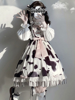 Doux Lolita JSK Robe Blanche Sans Manches Motif De Vache Bowknots"idien Décontracté Lolita Jumper Jupes