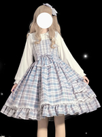 Doux Lolita JSK Robe Bleu Clair Motif À Carreaux Polyester Sans Manches"idien Décontracté Lolita Jumper Jupe